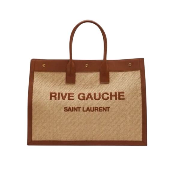 SAINT LAURENT ‘Rive Gauche’ Embroidered Raffia & Leather Tote Bag Natural NWT - Picture 4 of 8